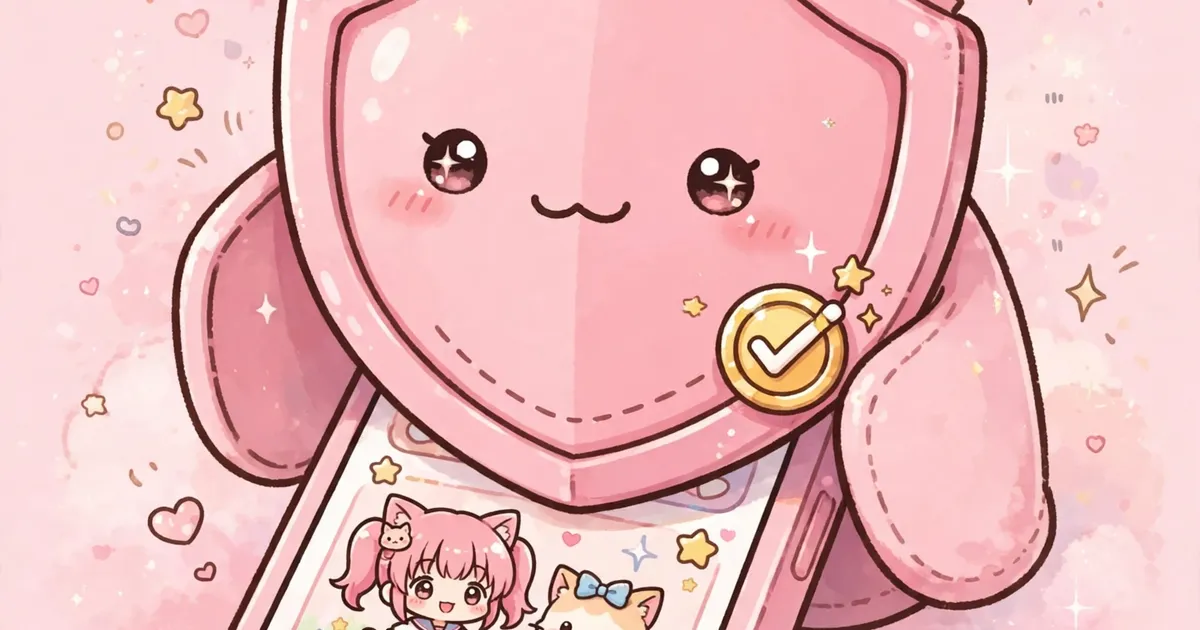 Kawaii pink shield with cat ears protecting a smartphone showing an anime app