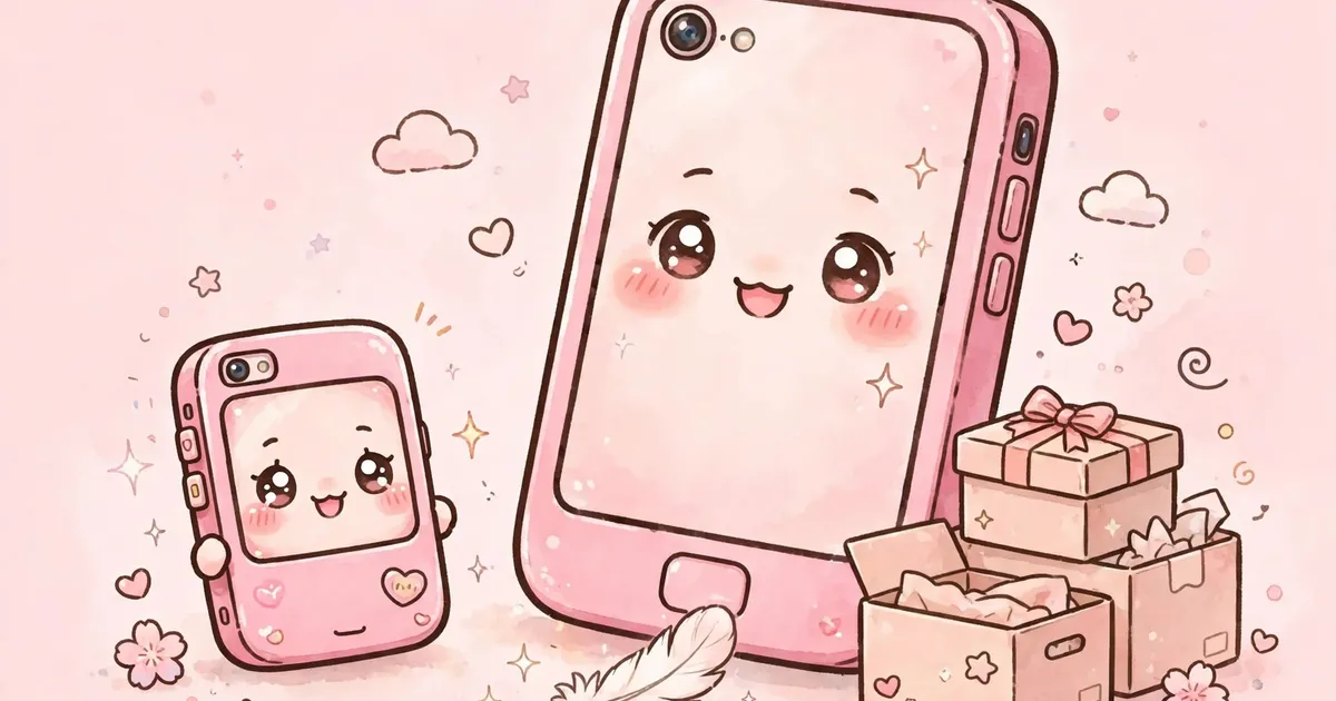 Tiny cute pink smartphone next to a giant phone, storage boxes and a feather showing lightweight