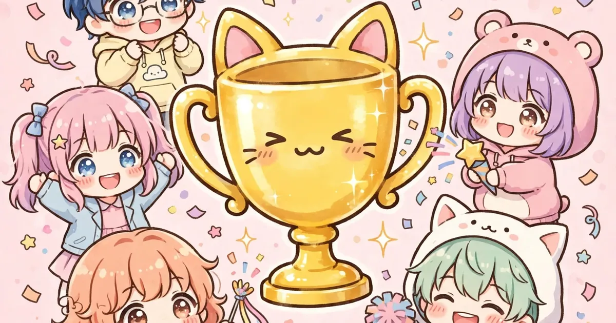 Golden trophy with cat ears surrounded by cute celebrating chibi anime characters and confetti