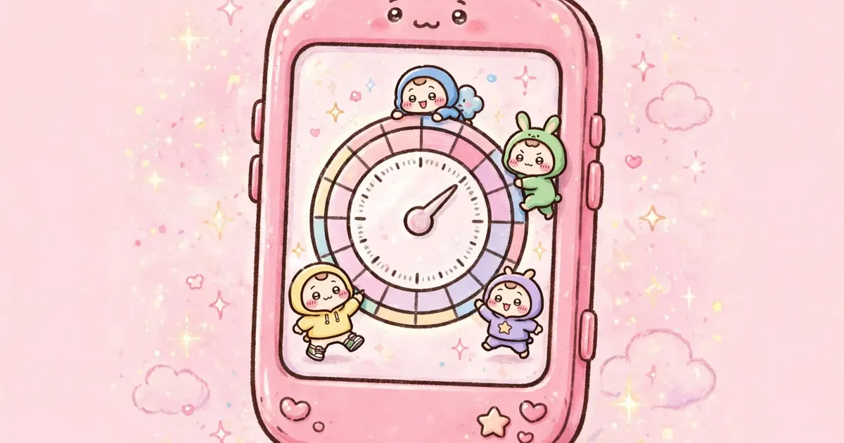 Kawaii pink smartphone showing a data usage gauge with tiny anime characters climbing it