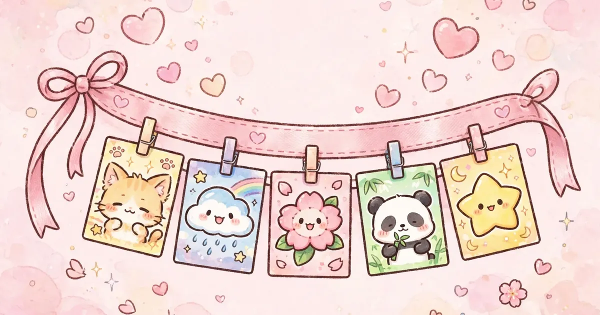 Kawaii pink bookmark ribbon holding a row of colorful anime poster cards with hearts