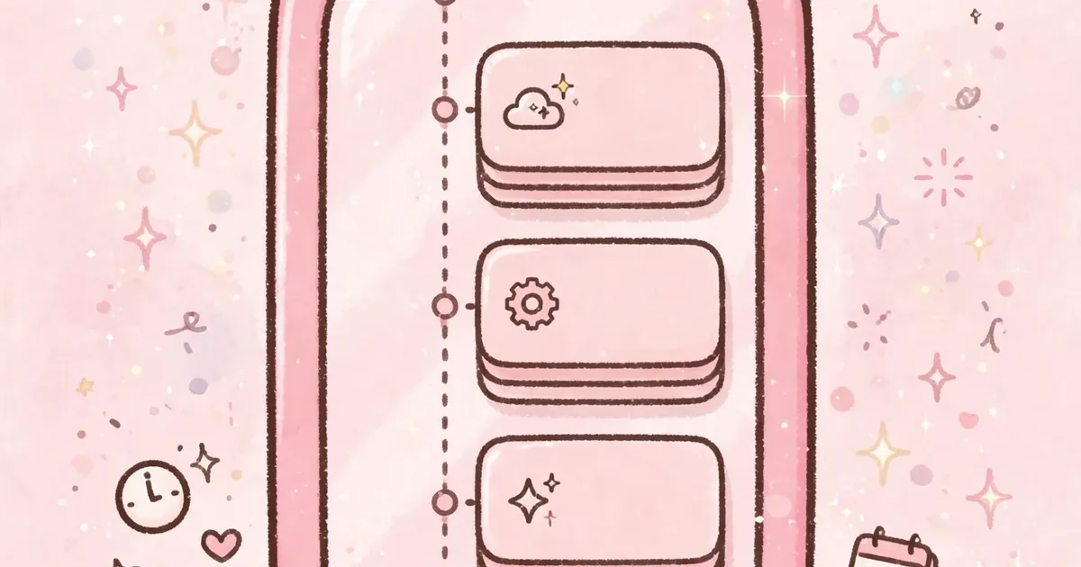 Kawaii smartphone showing a timeline of app version update cards with clock doodles