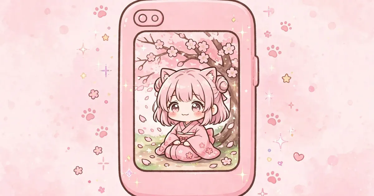 Kawaii pink smartphone with rounded corners streaming anime, sparkles around