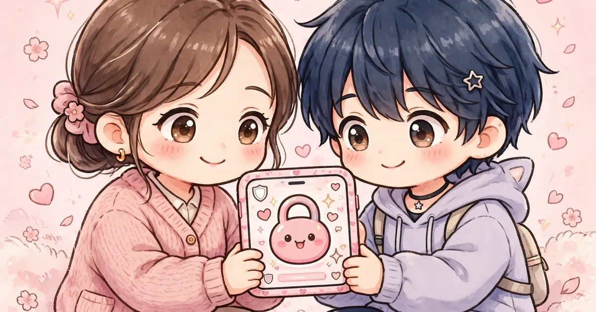 Kawaii parent and teenager looking together at a smartphone with a cute pink padlock badge