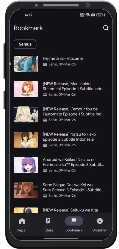 Real screenshot of the Kucing Pink bookmark screen listing saved anime episodes with Indonesian subtitles