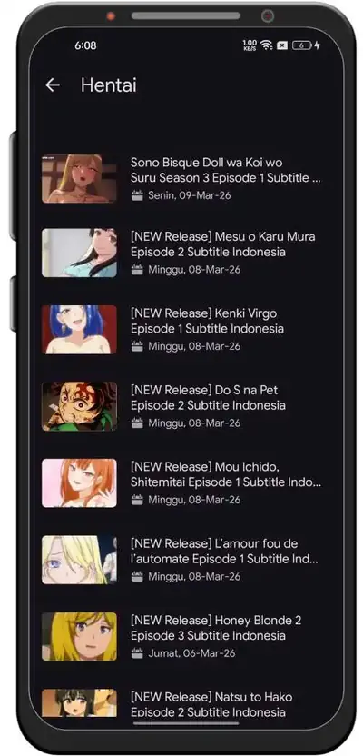 Real screenshot of the Kucing Pink category list showing anime episodes with Indonesian subtitles and release days