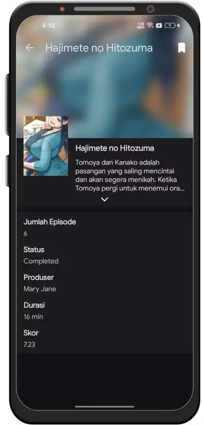 Real screenshot of a Kucing Pink anime detail page showing synopsis, episode count, status, producer, duration and score