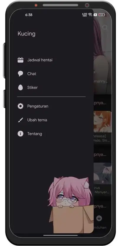 Real screenshot of the Kucing Pink app side menu with schedule, chat, stickers, settings and theme options